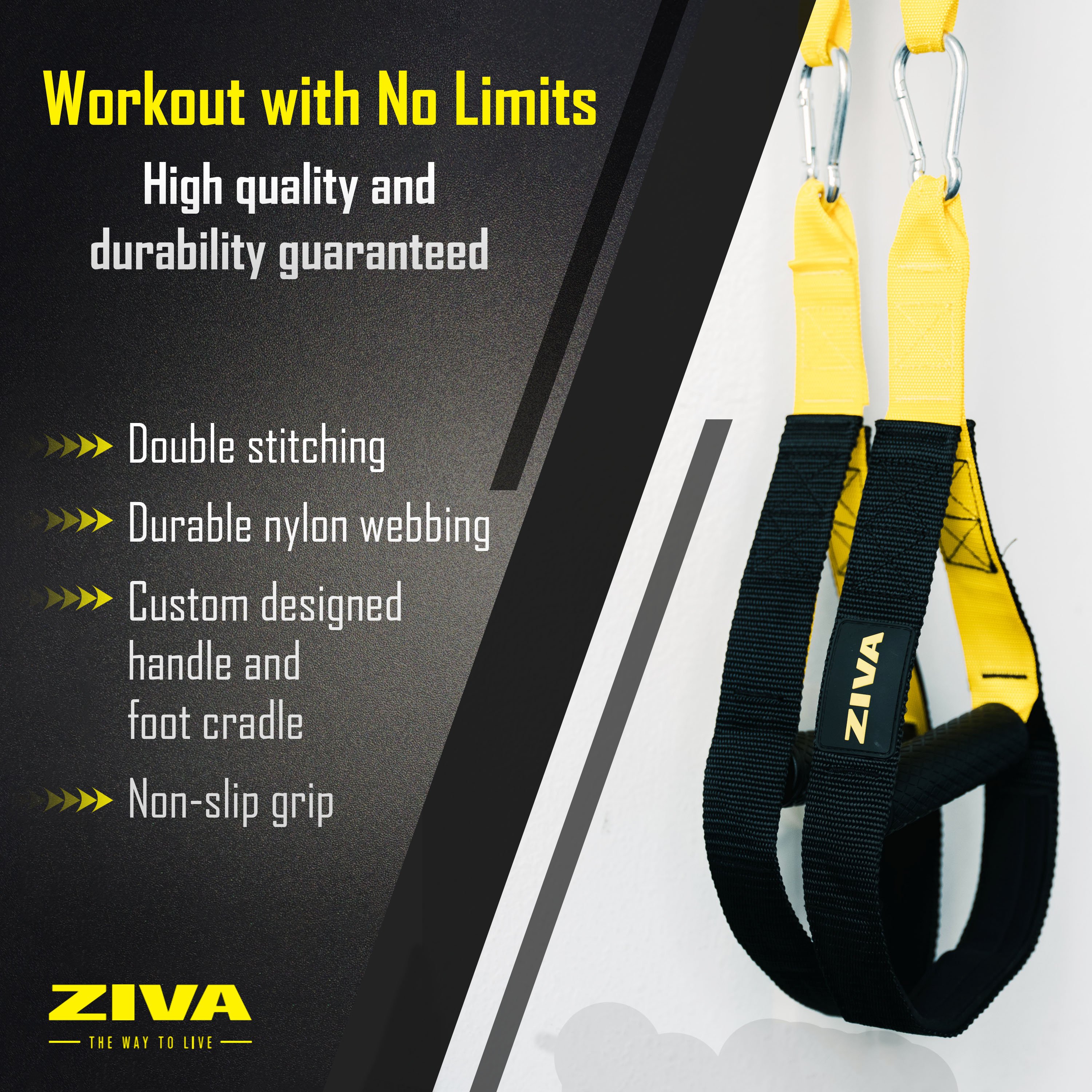 Workout with no limits. High quality and durability guaranteed. Double stitching. Durable nylon webbing. Custom designed handle and foot cradle. Non-slip grip.