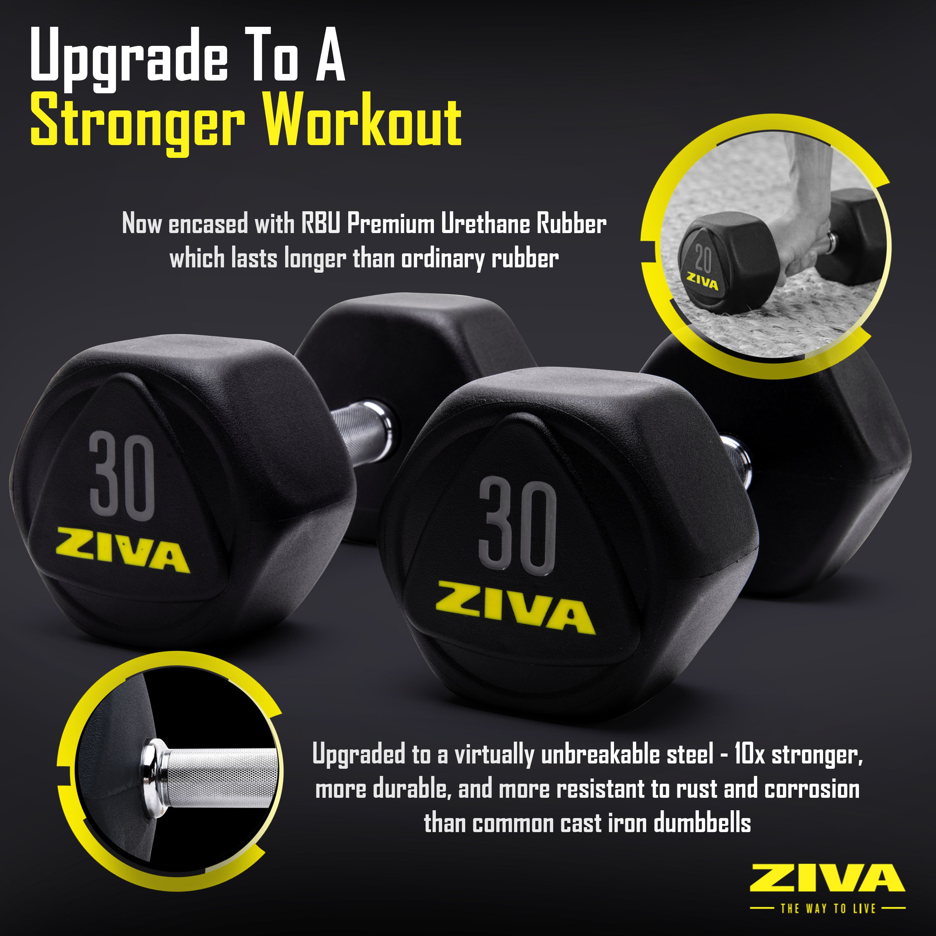 Upgrade to a stronger workout. Now encased with RBU premium urethane rubber which lasts longer than ordinary rubber. Upgraded to a virtually unbreakable steel - 10x stronger, more durable, and more resistant to rust and corrosion than common cast iron dumbbells.