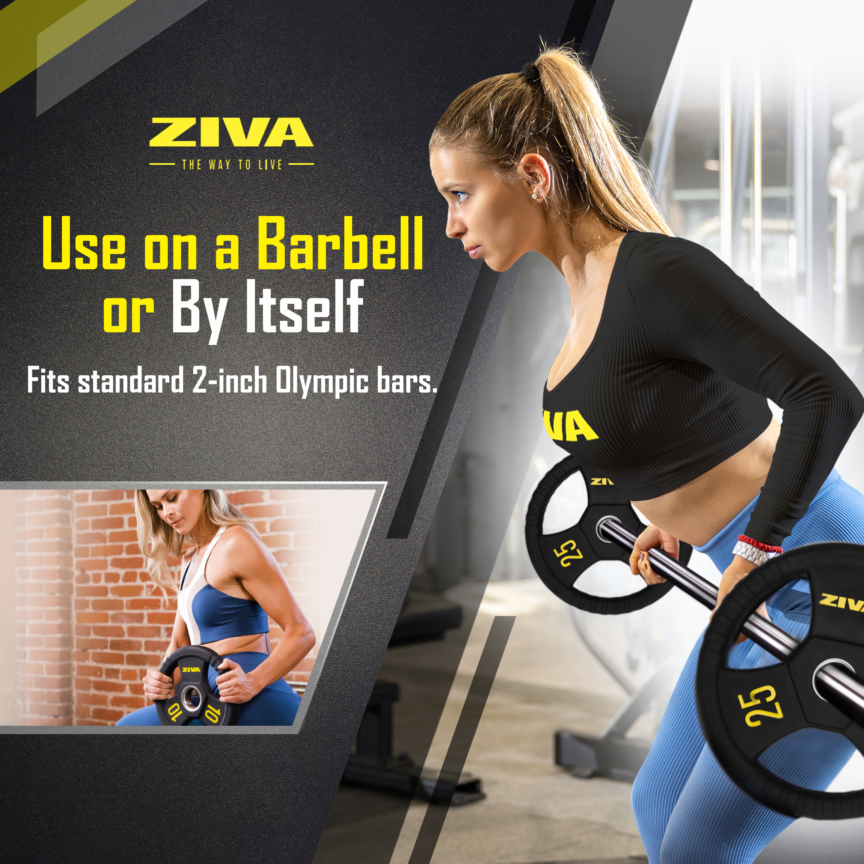 Use on a barbell or by itself. Fits standard 2-inch Olympic bars.