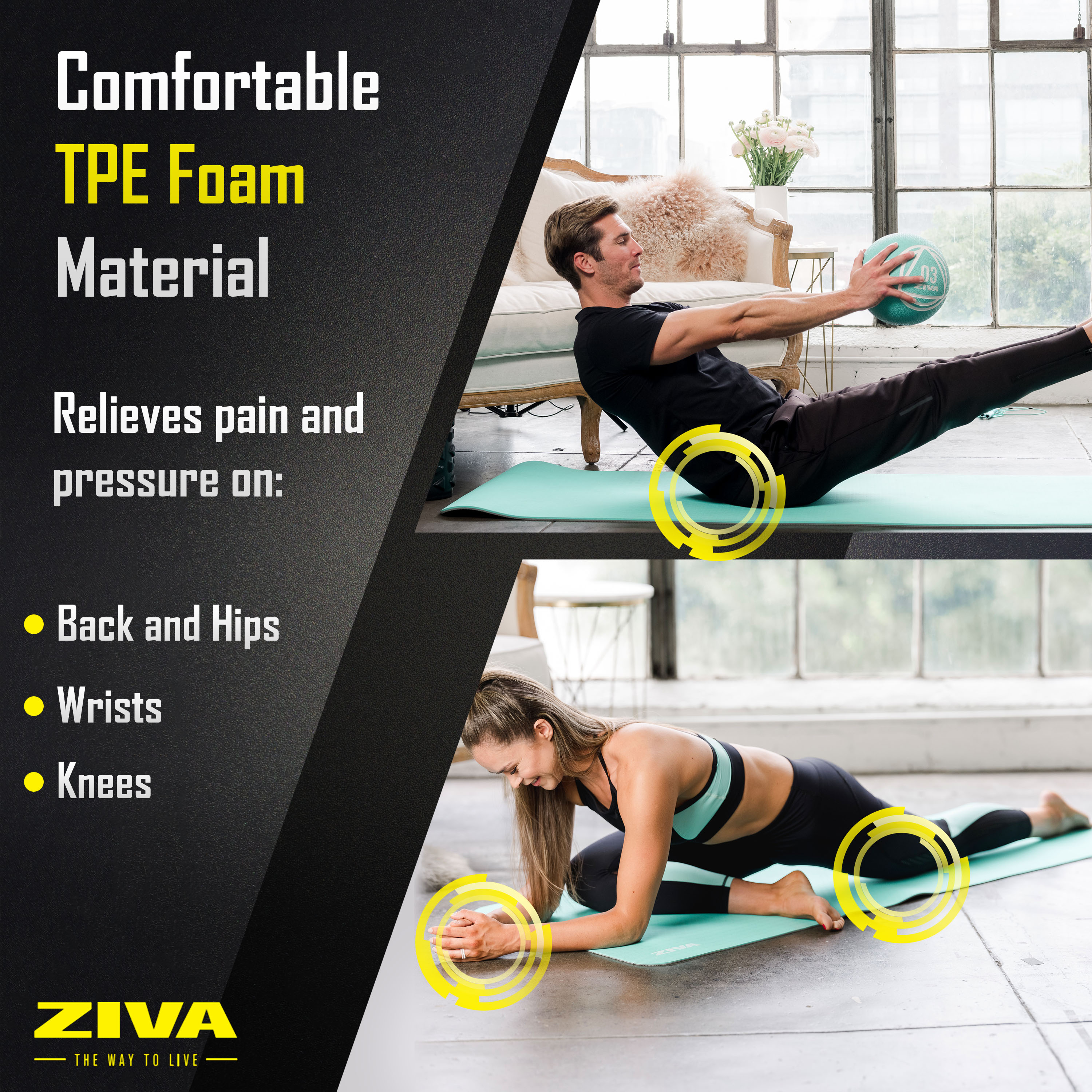 Comfortable TPE foam material. Relieves pain and press on on: back and hips, wrists, knees.